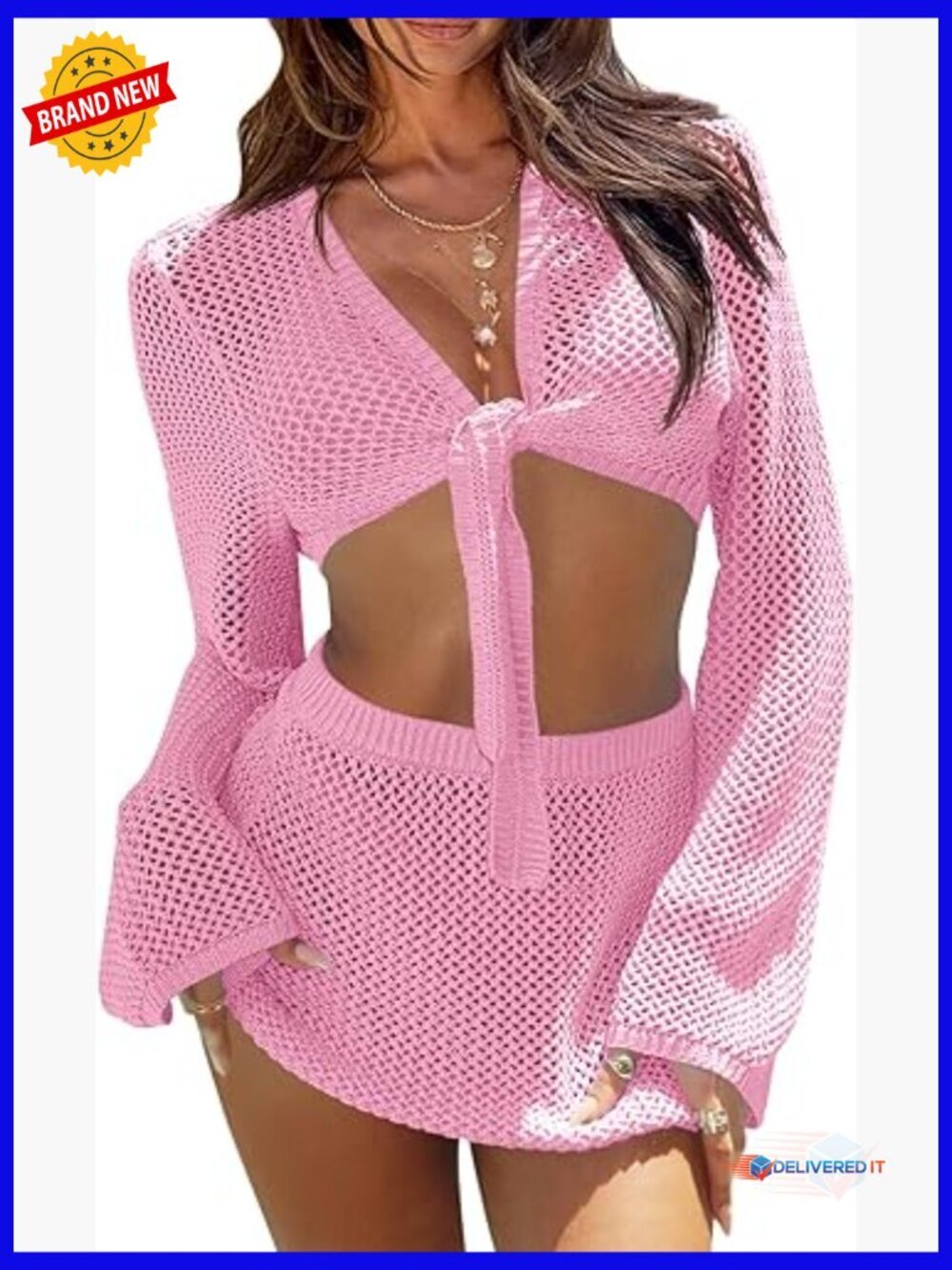Crochet 2 Piece Swimsuit Cover Up Set Crop Top Mini Skirt